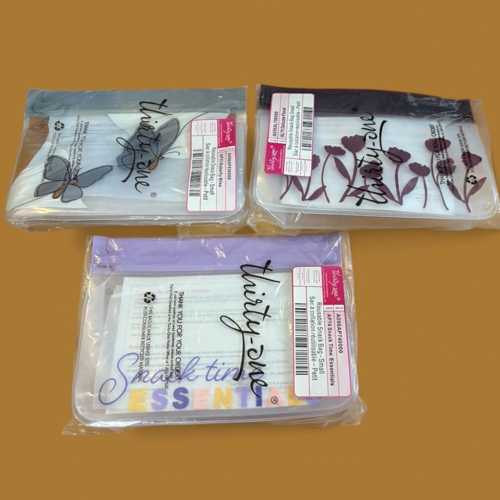 NWT Thirty-One Reusable Snack Bags Set of 3 - Purple, Gray, White